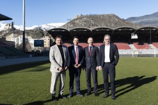 Christian Constantin (président du FC Sion), Philippe Varone (président de la Ville de Sion), Frédéric Favre (chef du département de la sécurité, des institutions et du sport) et Martin Zurwerra (président de l'Association Valaisanne de Football) le 11 janvier dernier à Tourbillon.